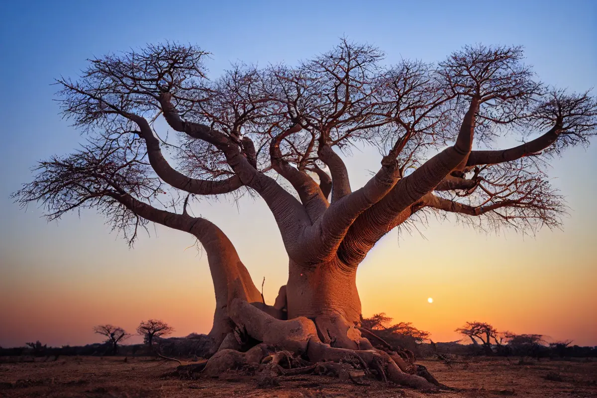 A mature baobab tree under a clear sky