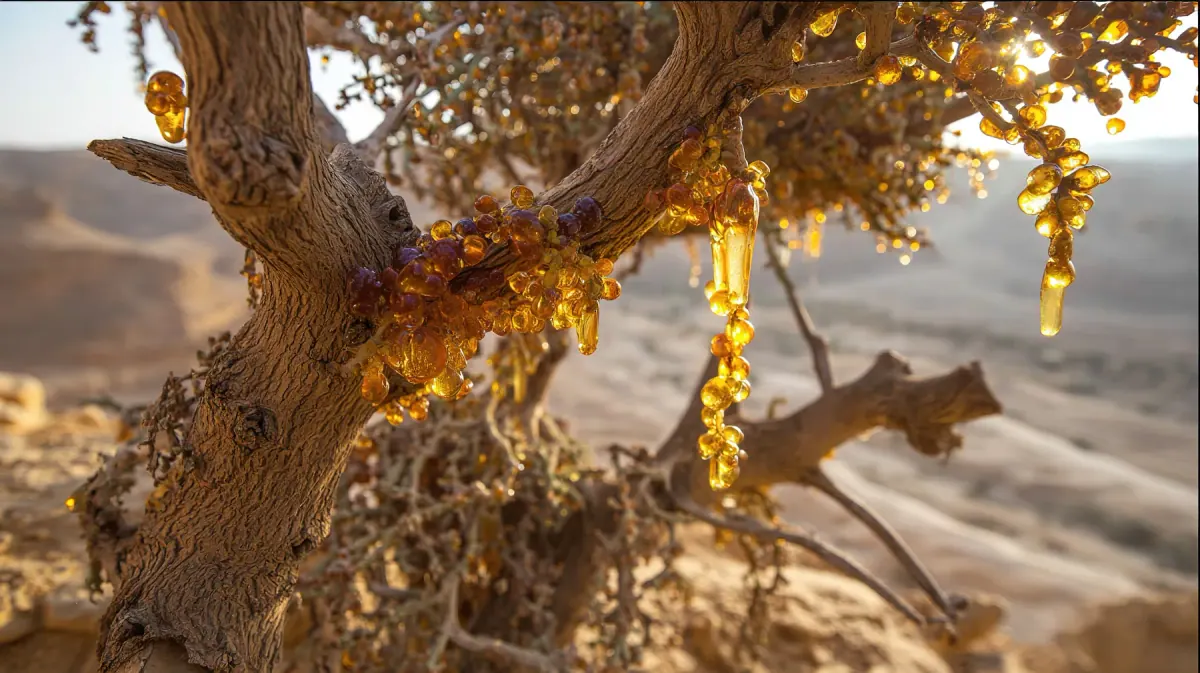 Golden gum resin glowing on the branches of an African tree